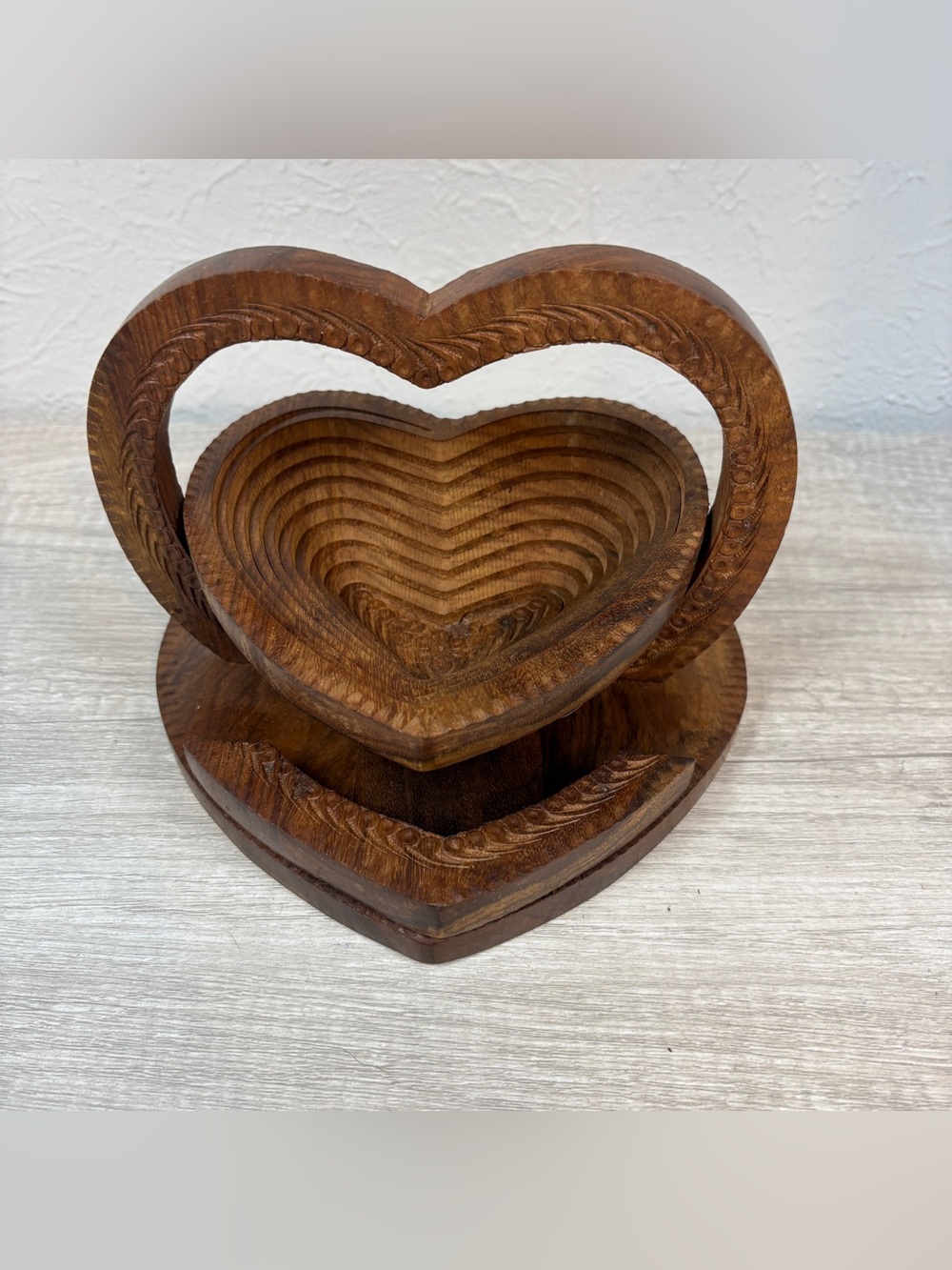 Vintage Hand Carved Heart Shaped Collapsible Wooden Fruit Basket Folding Trivet